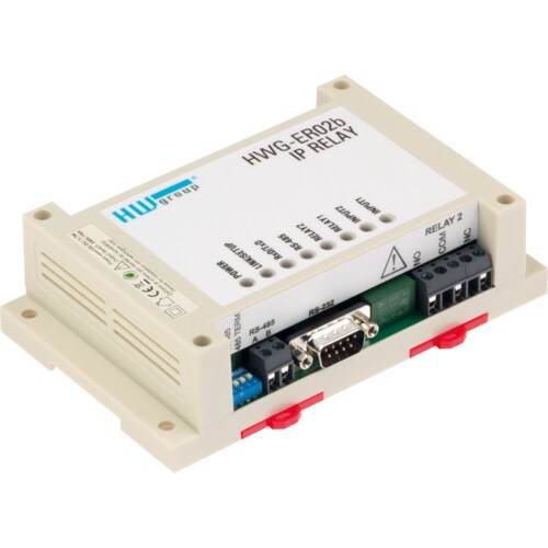 IP Relay HWg-ER02b: Ethernet relay with a full RS-232/485 converter, monutable on a DIN rail.