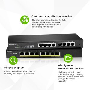 Zyxel GS1915-8EP, 8-puertos GbE PoE modo híbrido Smart mode, standalone o NebulaFlex Cloud, 60 Watt 802.3at, escritorio, s