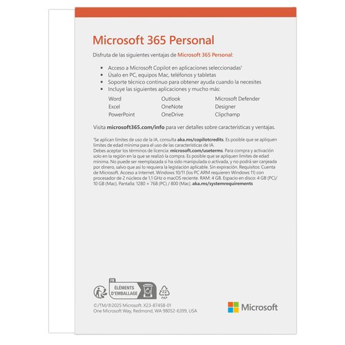 Microsoft 365 Personal FPP Spanish EuroZone Subscr 1YR Medialess