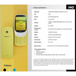 HMD Nokia 3210 (2024) - 4G, VoLTE, 2,4", 2MP, 64MB/128MB Y2K Gold. Form factor: Bar. SIM card capability: Dual SIM. Displa