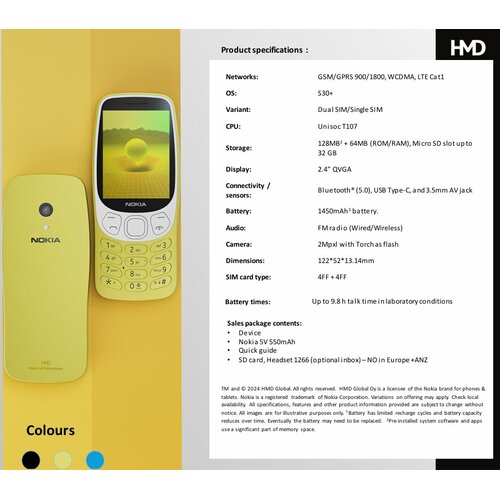 HMD Nokia 3210 (2024) - 4G, VoLTE, 2,4", 2MP, 64MB/128MB Y2K Gold. Form factor: Bar. SIM card capability: Dual SIM. Displa
