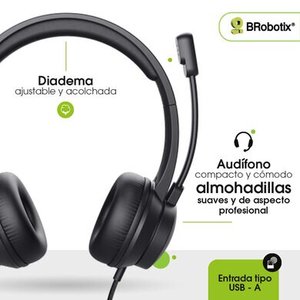 BROBOTIX DIADEMA USB V2.0, ALMOHADILLAS ULTRASUAVES, MICRÓFONO AJUSTABLE BIDIRECCIONAL CON CANCELACIÓN DE RUIDO, CONTROL D