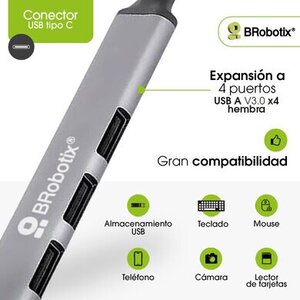 "BROBOTIX HUB USB 3.0 CON 4 PUERTOS USB-A, CONECTOR TIPO C, PLUG AND PLAY. COLOR PLATA
"