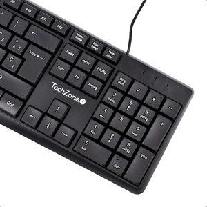 TECLADO ALAMBRICO TECHZONE BASICO NEGRO ABS 105 TECLAS QWERTY CABLE DE 135CM  INDICADORES NUMERICO, MAYUSCULA Y BLOQUEO DE