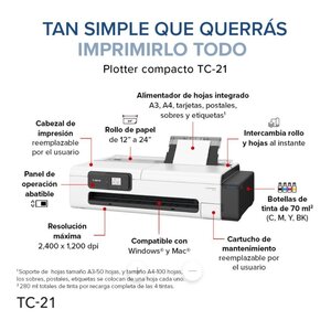 Impresora de gran formato de inyección de tinta Canon imagePROGRAF TC-21 (24")  compacto y profesional, ideal para impresi