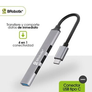 "BROBOTIX HUB USB 3.0 CON 4 PUERTOS USB-A, CONECTOR TIPO C, PLUG AND PLAY. COLOR PLATA
"