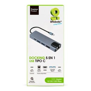 BROBOTIX DOCKING STATION USB C 5 EN 1 - HDMI , RJ45 GIGABIT , 2 USB V3.0, USB TIPO C - 1 Conexión USB Tipo C macho a (1 Pu