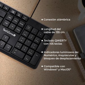 TECLADO ALAMBRICO TECHZONE BASICO NEGRO ABS 105 TECLAS QWERTY CABLE DE 135CM  INDICADORES NUMERICO, MAYUSCULA Y BLOQUEO DE