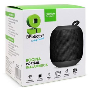 BROBOTIX BOCINA INALÁMBRICA PORTÁTIL REDONDA 360° , CONEXIÓN BLUETOOTH, CON RADIO FM , PUERTO USB Y MICRO SD COLOR NEGRO -