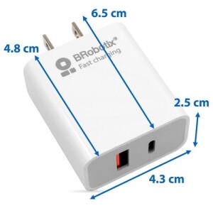 BROBOTIX  CARGADOR USB 3.0 PARA PARED  DUAL  18W  PUERTO USB TIPO A y PUERTO USB TIPO C  COLOR BLANCO-   Adaptador Cable C