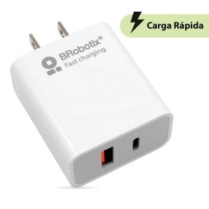 BROBOTIX  CARGADOR USB 3.0 PARA PARED  DUAL  18W  PUERTO USB TIPO A y PUERTO USB TIPO C  COLOR BLANCO-   Adaptador Cable C
