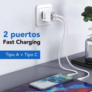 BROBOTIX  CARGADOR USB 3.0 PARA PARED  DUAL  18W  PUERTO USB TIPO A y PUERTO USB TIPO C  COLOR BLANCO-   Adaptador Cable C