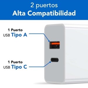 BROBOTIX  CARGADOR USB 3.0 PARA PARED  DUAL  18W  PUERTO USB TIPO A y PUERTO USB TIPO C  COLOR BLANCO-   Adaptador Cable C