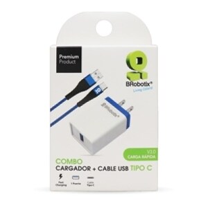 BROBOTIX COMBO USB DE CARGA RAPIDA CARGADOR USB 3.0  PARA PARED + CABLE USB TIPO C COLOR NEGRO - Adaptador Cable Corriente