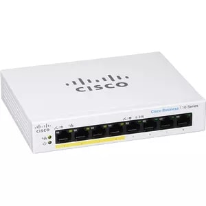 Cisco Switch CBS110, No administrable, 8 puertos Gigabit Ethernet, solo 4 puertos soportan PoE con 32W totales, de escrito