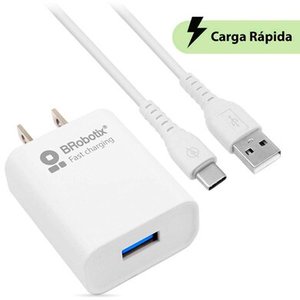 BROBOTIX ADAPTADOR DE CORRIENTE, CARGADOR DE PARED,  COMBO USB DE CARGA RAPIDA, CARGADOR USB 3.0 PARA PARED + CABLE USB TIPO C COLOR BLANCO - Adaptador Cable Corriente Alimentacion Telefono Celular - USB Version 3.0 FAST CHARGING.