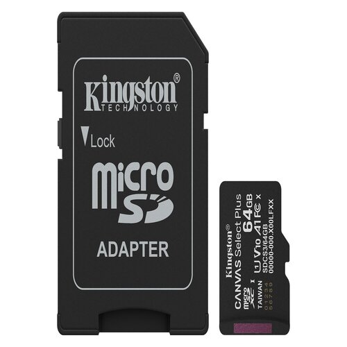 Kingston Tarjeta De Memoria MicroSD, Canvas Select Plus Gen3, Capacidad: 64GB, Clase 10, UHS-I, U1, V10, A1 Lectura: 100MB