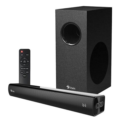 Barra de sonido stylos 2.1 + con Subwoofer de 4" includio , potencial total de 40w + conectividad multiple BT/HDMI ARC/ AU