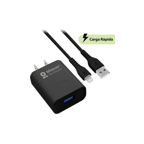 BROBOTIX COMBO USB DE CARGA RAPIDA CARGADOR USB 3.0 PARA PARED + CABLE USB TIPO LIGHTNING COLOR NEGRO 1 METRO- Adaptador C