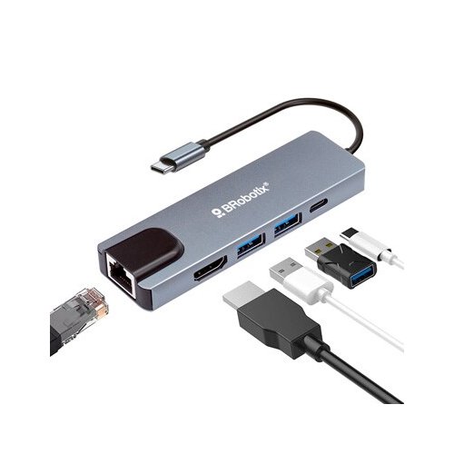 BROBOTIX DOCKING STATION USB C 5 EN 1 - HDMI , RJ45 GIGABIT , 2 USB V3.0, USB TIPO C - 1 Conexión USB Tipo C macho a (1 Pu