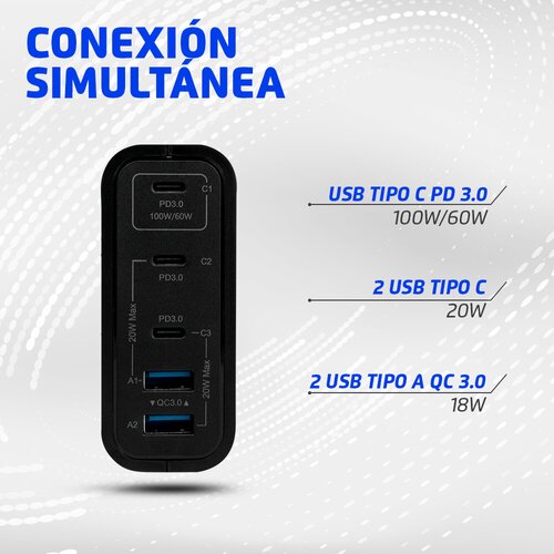Cargador de pared Vorago AU-600 Tipo C/ 100W/ 60W y 20W /5 Puertos