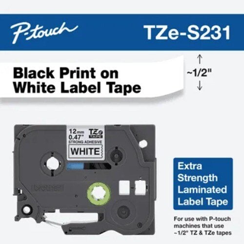 Brother P-touch TZES231 Cinta para etiquetas - 12.70mm Ancho - Negro, Blanco - Polietileno - Laminada - Resistente a susta
