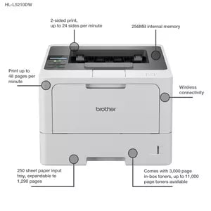 Brother HL-L5210DW Wired/Wireless Laser Printer - Monochrome - 48 ppm Mono / 48 ppm Color - 1200 x 1200 dpi Print - Automa